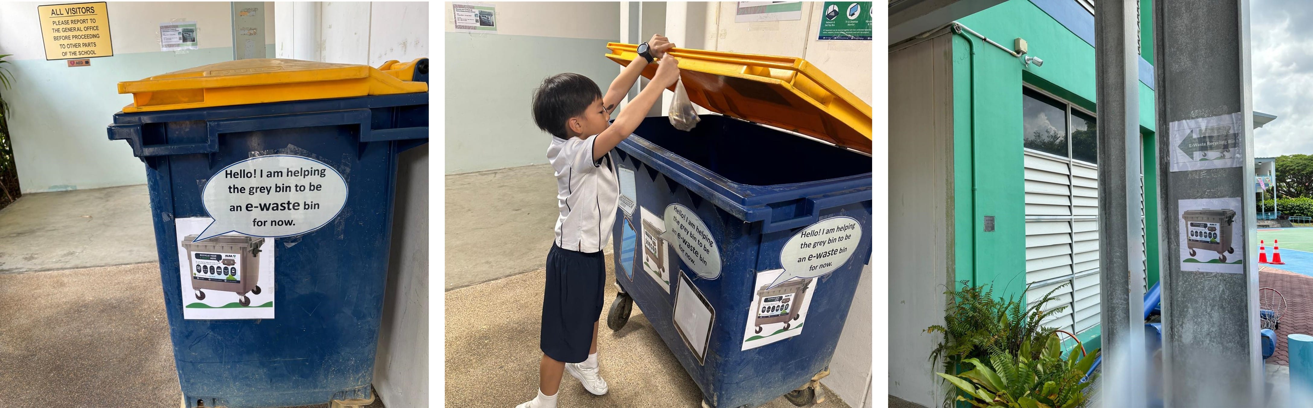 A child in school uniform deposits e-waste into a large blue bin with a yellow lid labeled as an e-waste collection point.