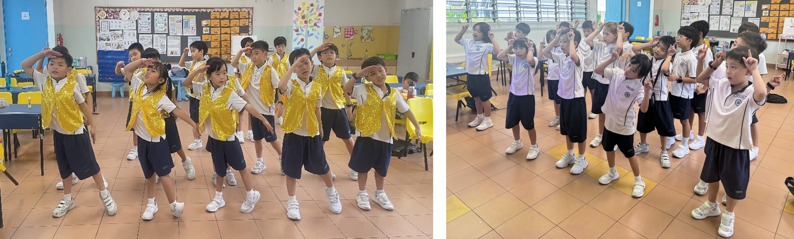 Young students in school uniforms dance in a classroom, some wearing gold sequined vests, performing synchronized moves.