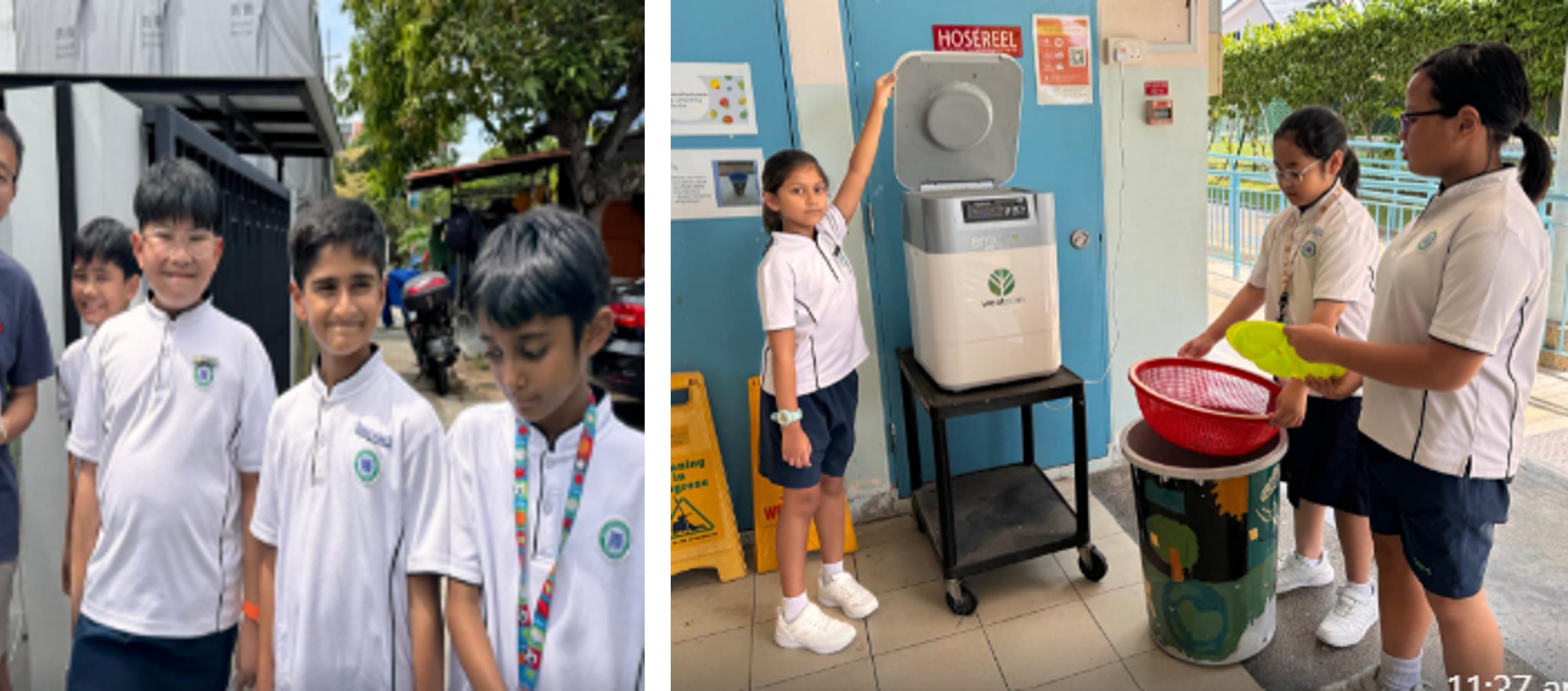 School students in white uniforms, some posing outdoors and others using a food waste machine near a bin.