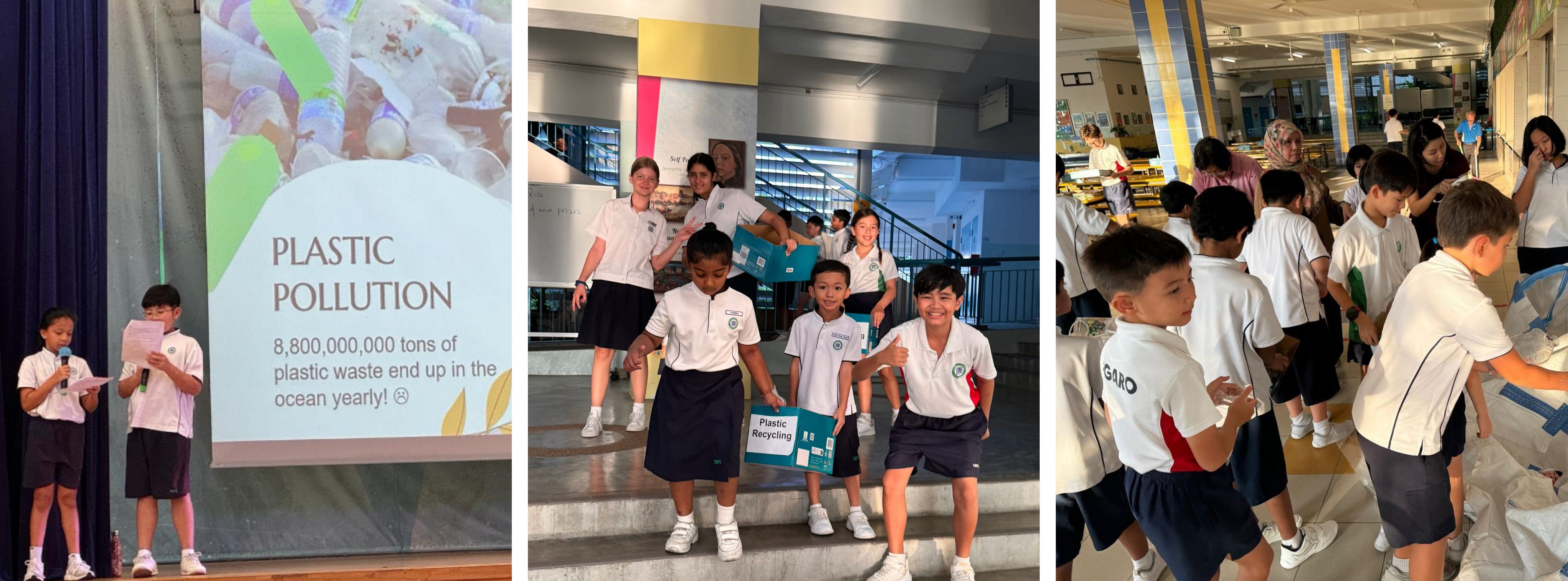 Students present on plastic pollution, hold recycling bins on stairs, and gather in a school hallway during an eco event.