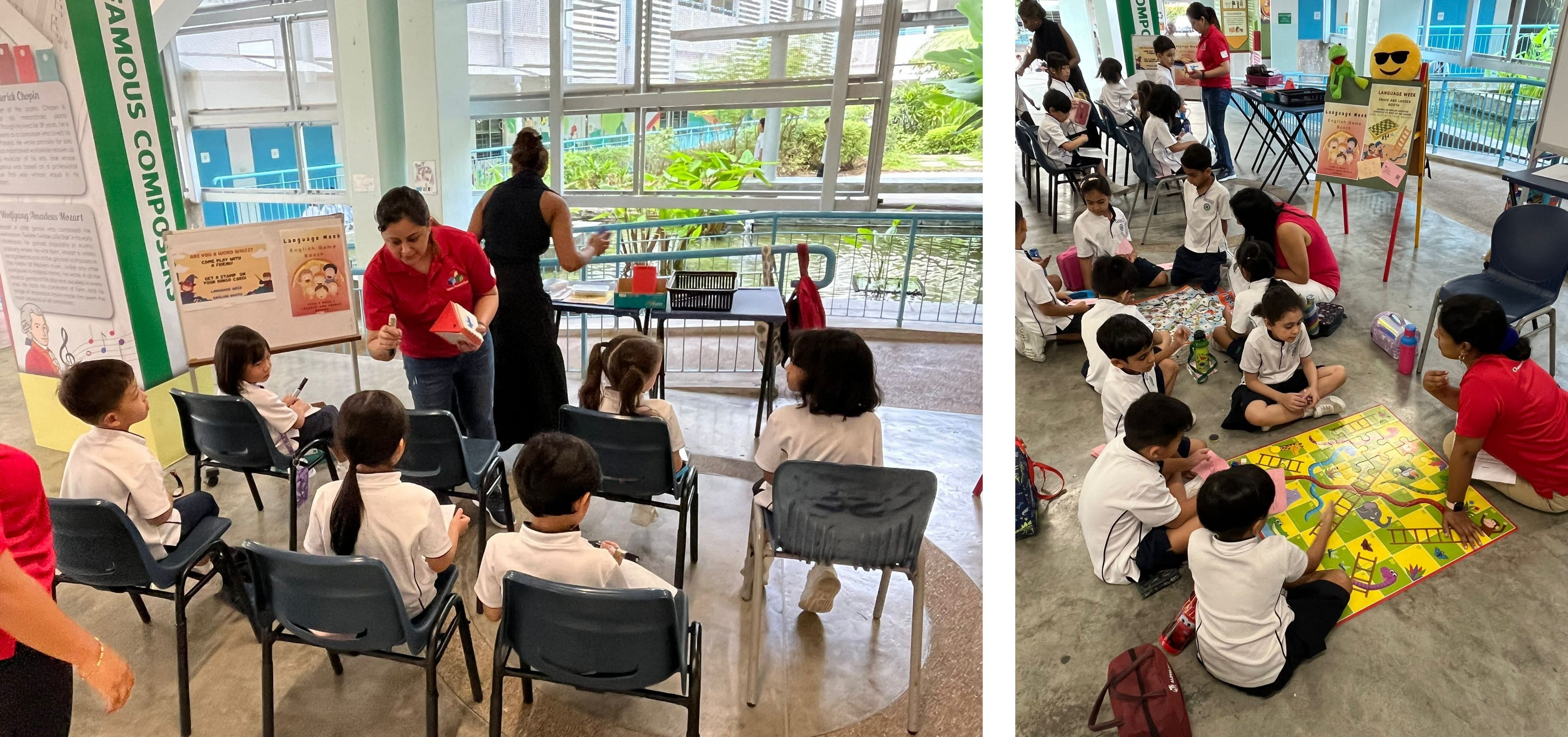 Children in school uniforms participate in Language Week activities, with a teacher presenting and kids playing a board game on the floor.