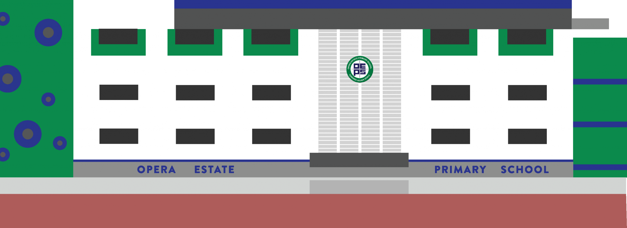 Flat illustration of Opera Estate Primary School building facade with windows, a central entrance, and green surroundings.