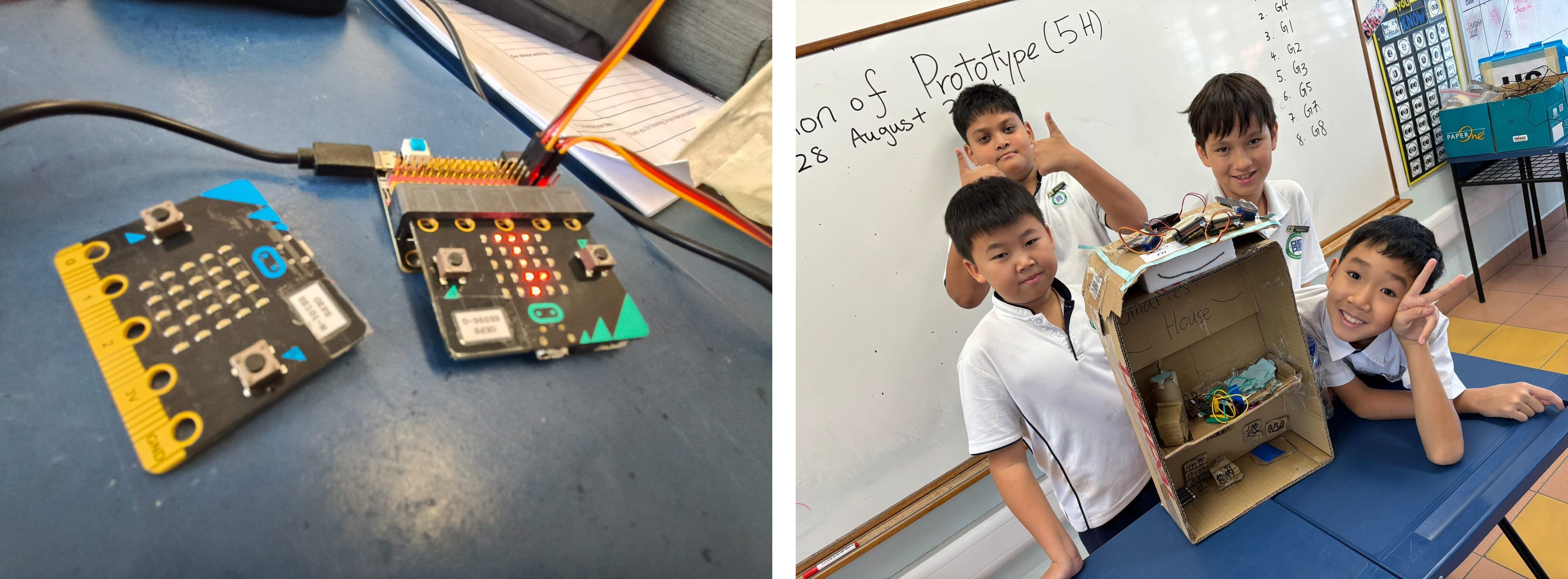 Two micro:bit boards on a desk, and four boys posing with a cardboard house prototype in a classroom.
