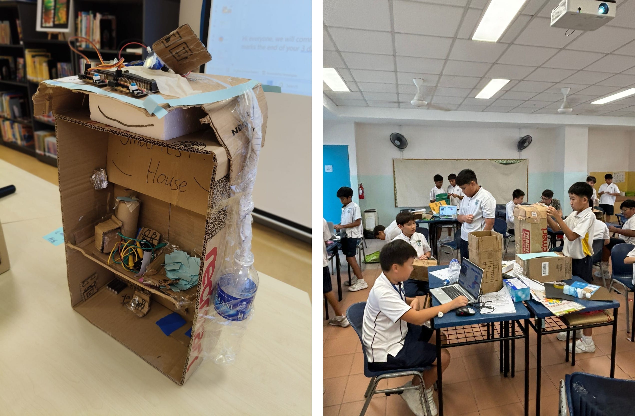A cardboard smart house model with electronics, beside a classroom of students in uniform building similar projects.