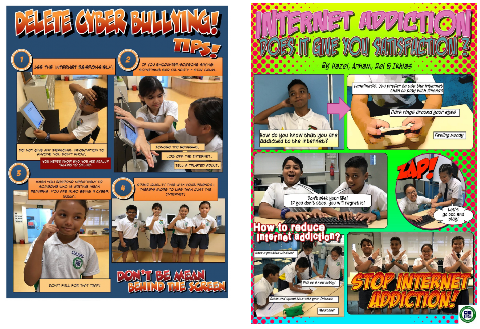 Two student-made posters about deleting cyber bullying with tips and stopping internet addiction with advice.
