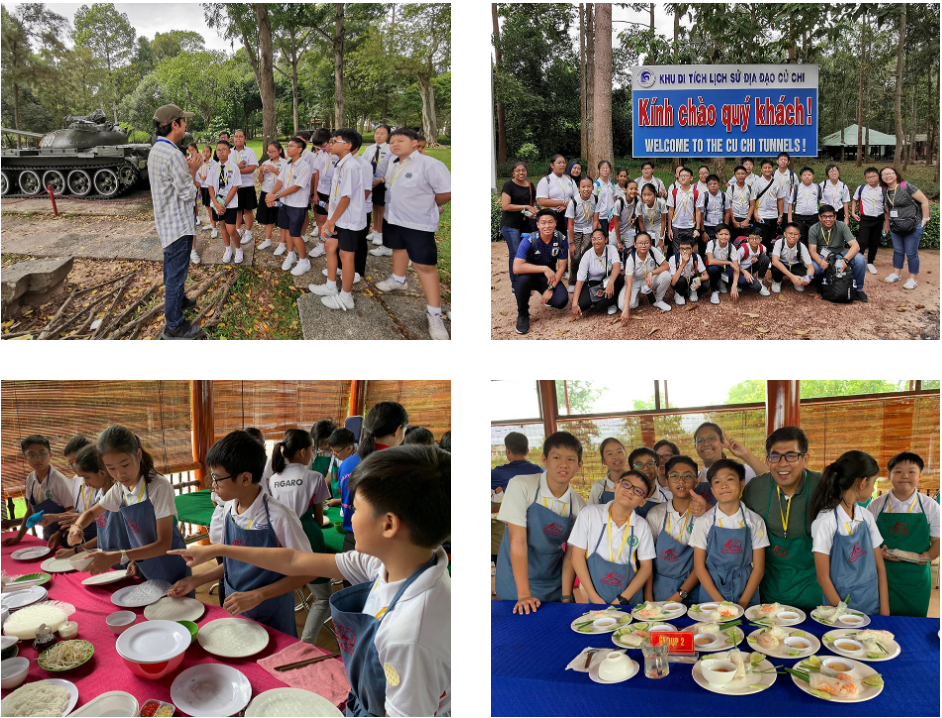 Students on a field trip to Cu Chi Tunnels in Vietnam, posing by a sign and learning to cook Vietnamese food.