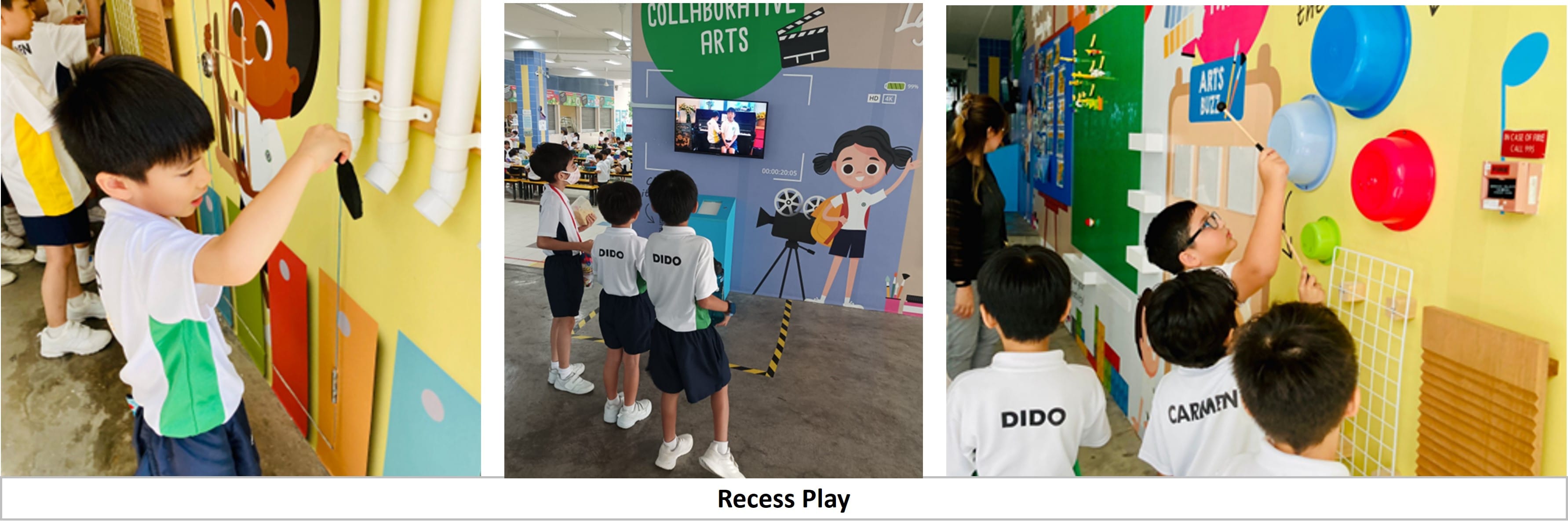 Three photos of young students in uniforms playing at colorful interactive school activity stations during recess.