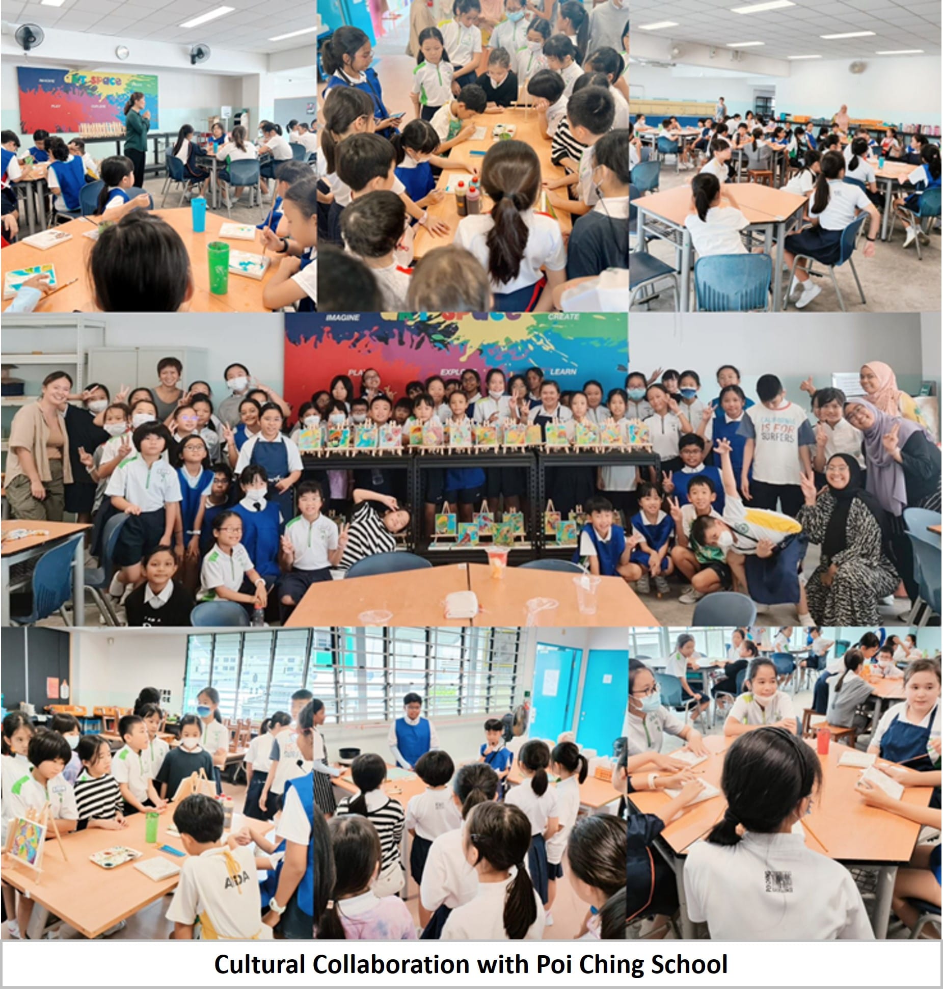 Students and teachers pose and work on art projects during a Cultural Collaboration event with Poi Ching School.
