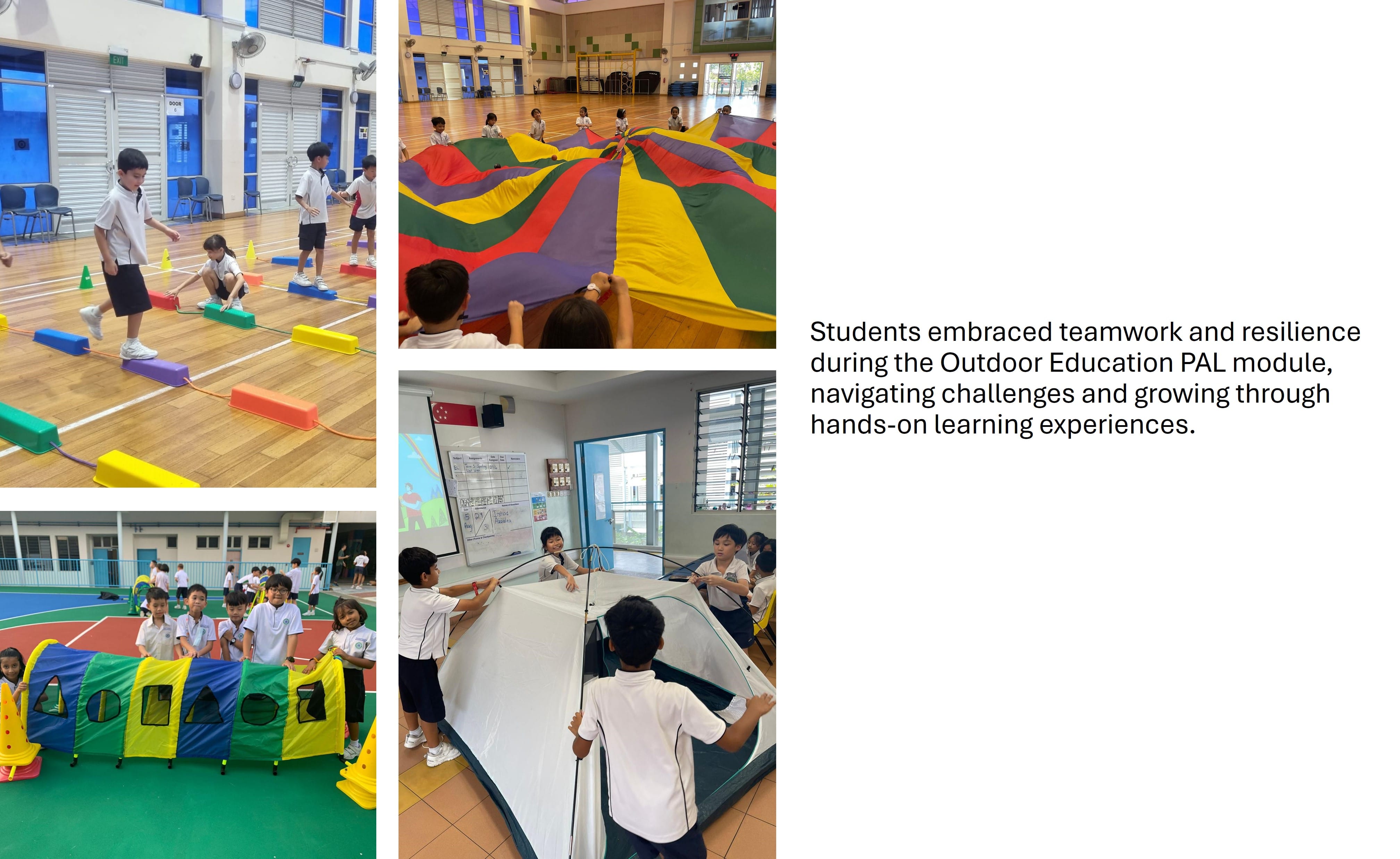 Young students in uniforms doing team activities: stepping on blocks, holding a parachute, crawling tunnel, and pitching a tent.