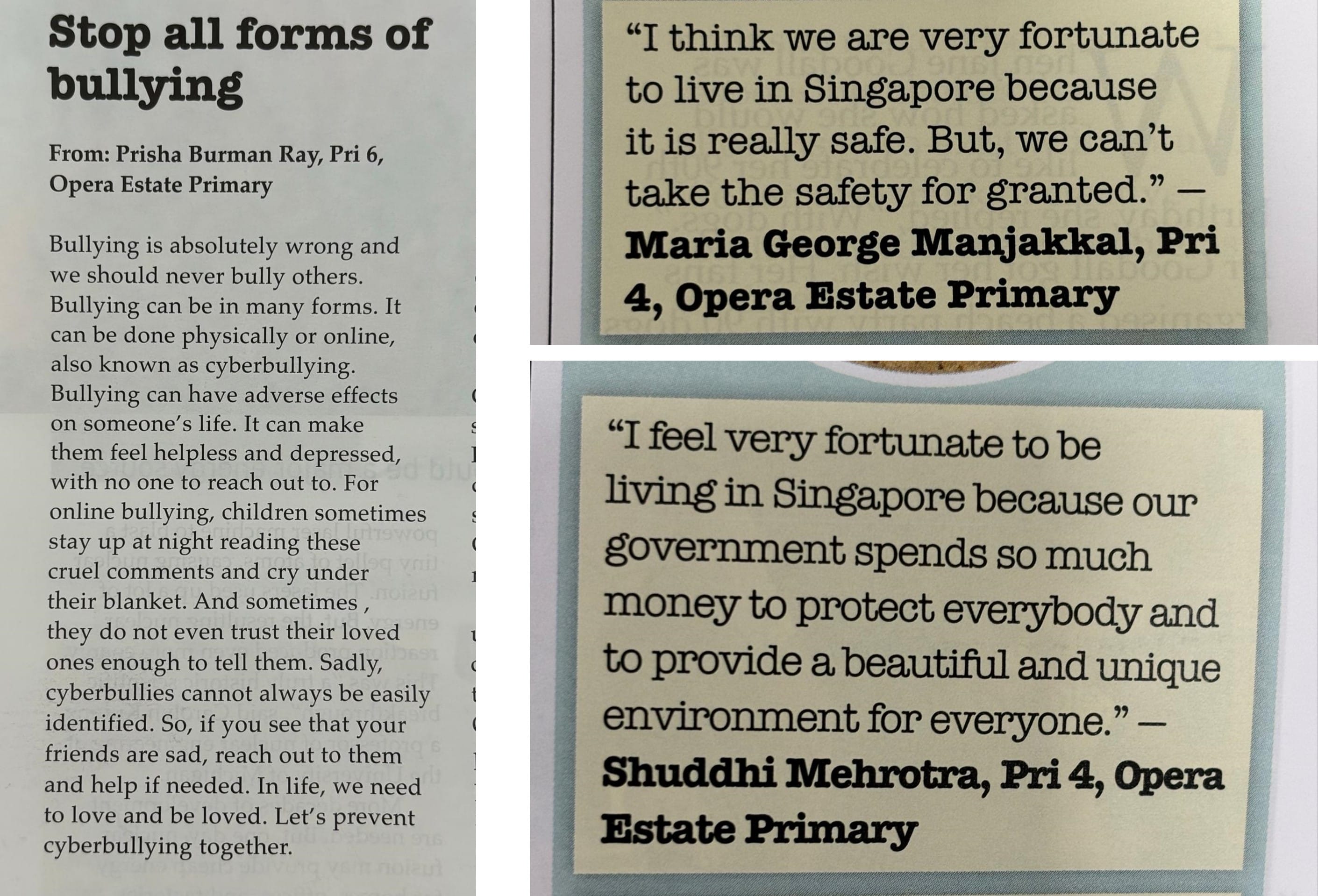 Printed page with a student essay on stopping bullying and two quoted opinions about living in Singapore.