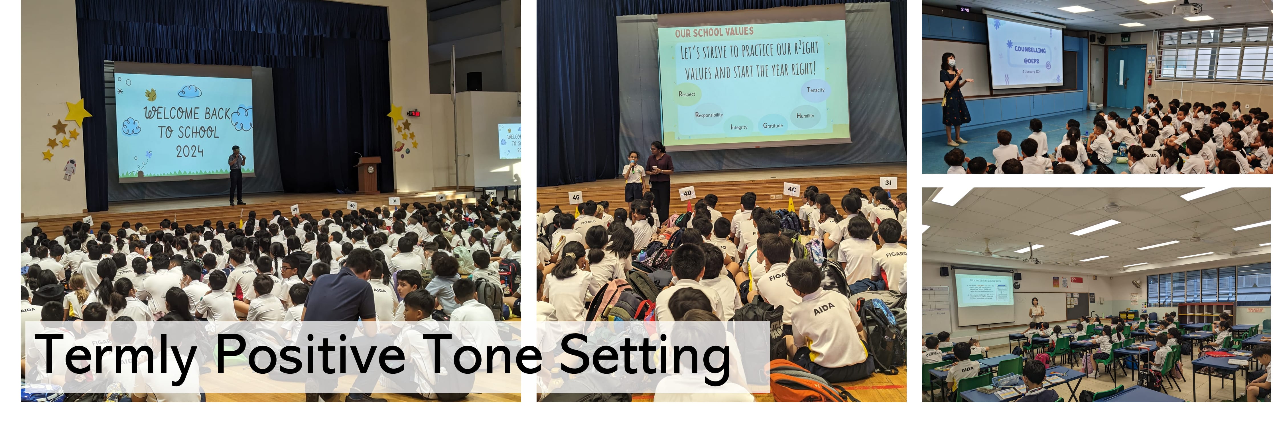 Four school assembly scenes with students in white uniforms watching presentations on school values for 2024.