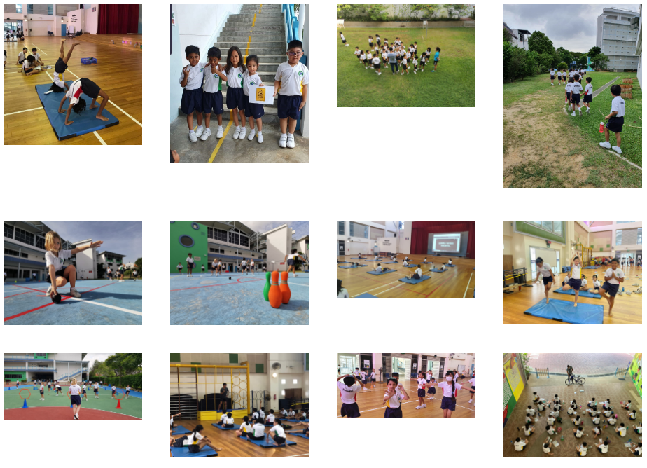 A grid of twelve photos showing school children doing physical education activities indoors and outdoors.