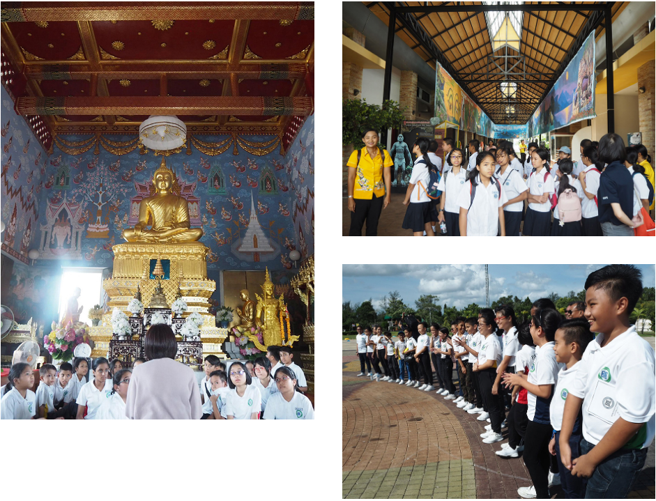 Three scenes of a student field trip: a golden Buddha shrine, students in a corridor, and children lined up outdoors.
