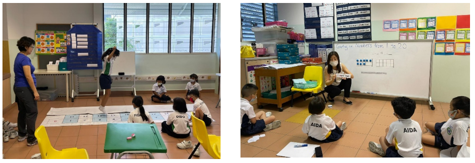 Two classroom scenes with masked teachers leading young students in floor-based learning activities with charts and whiteboards.