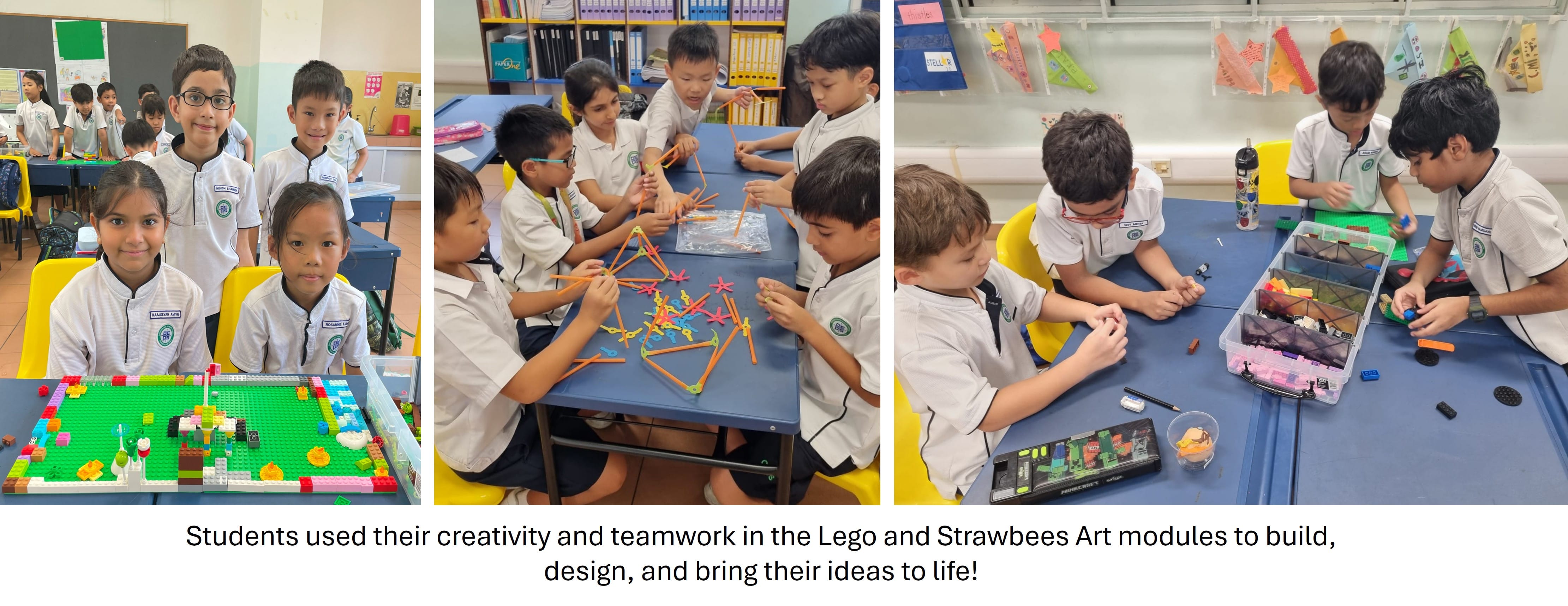 Students in white uniforms build with Lego bricks and colorful Strawbees connectors at classroom tables.