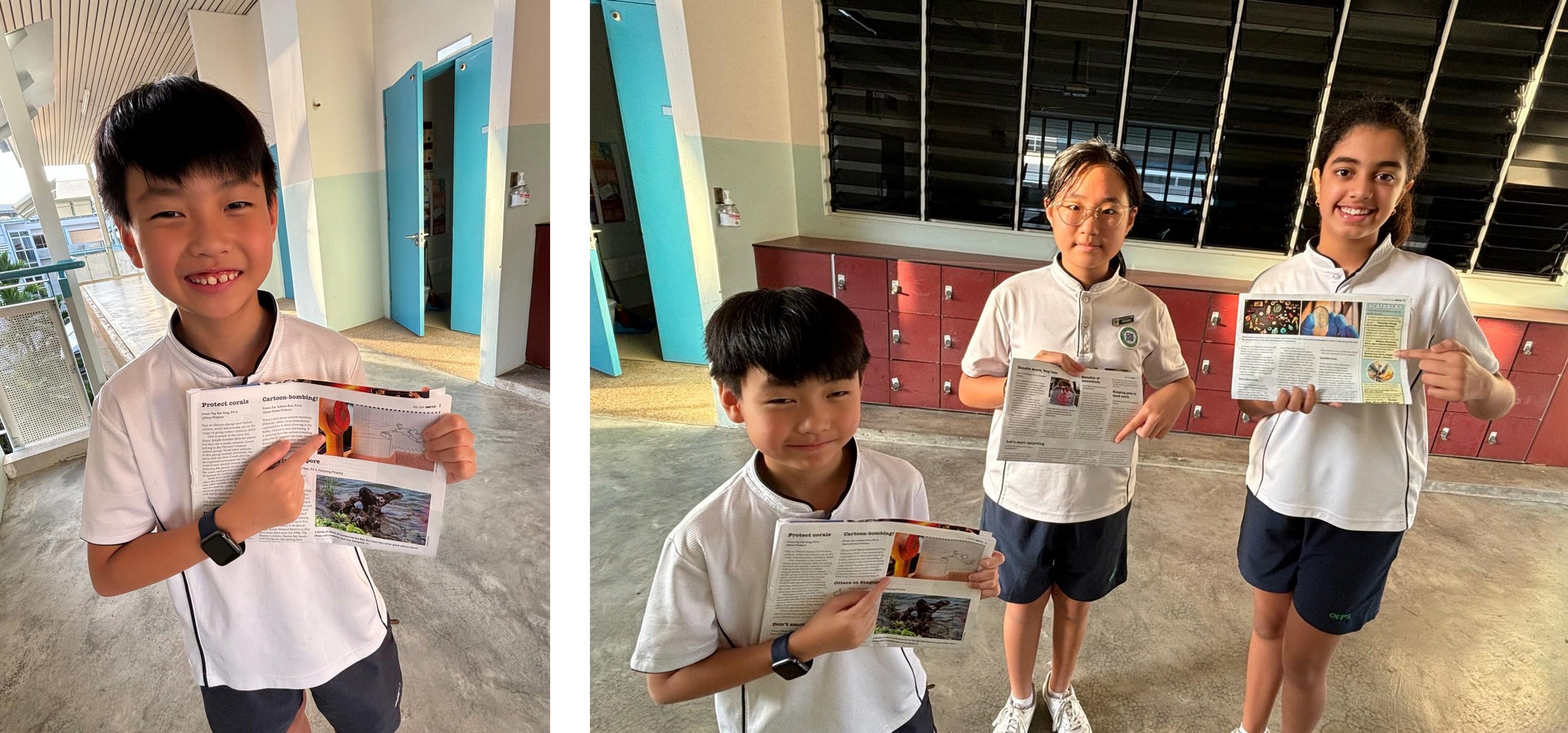 Four school children in white uniforms smile while holding open newsletters inside a school corridor.