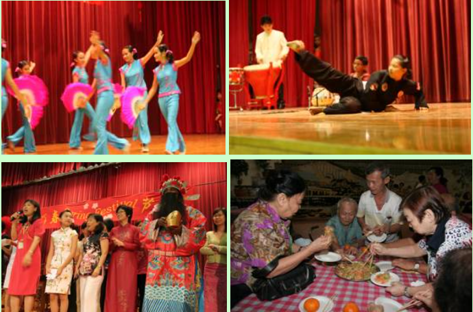Four scenes of a Chinese cultural festival showing fan dancers, an acrobat, costumed performers, and people sharing a meal.