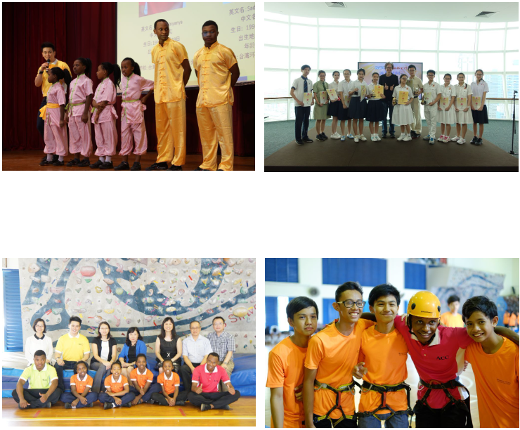 Four photos of students in various school activities including martial arts, group awards, posing indoors, and climbing gear.