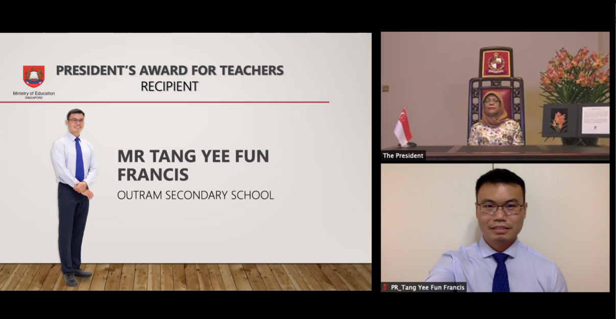 Virtual ceremony slide naming Mr Tang Yee Fun Francis as President's Award for Teachers recipient, with two video call participants.
