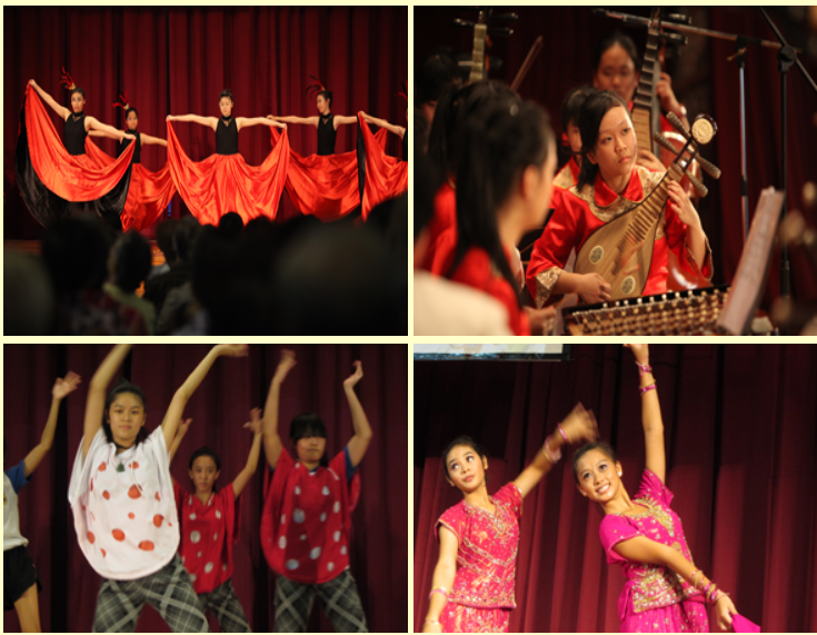 Four photos showing a cultural performance with dancers in red, a musician playing a pipa, and dancers in pink costumes.