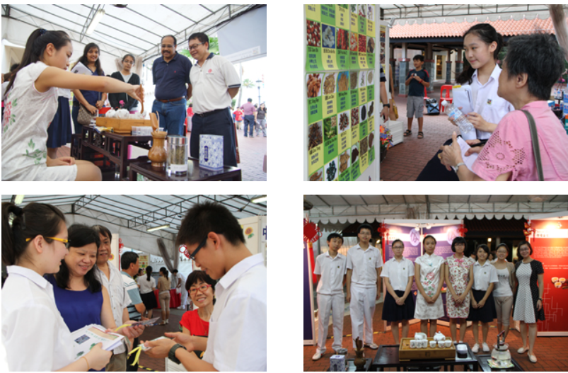 Four photos show students at an outdoor cultural fair, demonstrating tea ceremonies, presenting displays, and posing as a group.