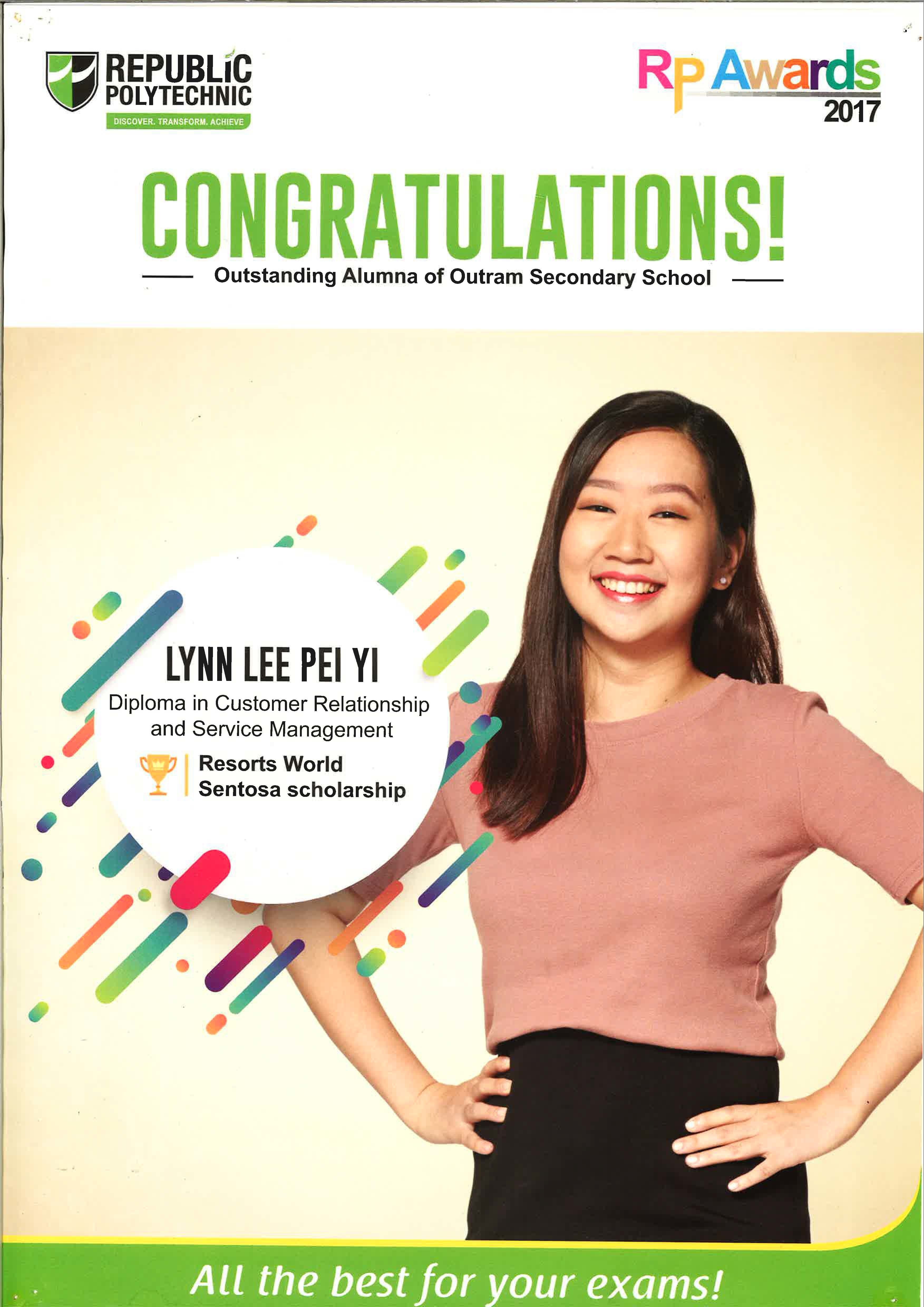 Republic Polytechnic 2017 RP Awards congratulations poster featuring smiling student Lynn Lee Pei Yi with scholarship details.
