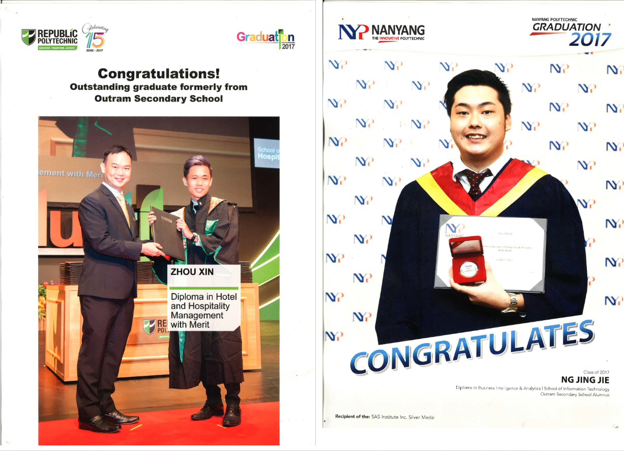 Two 2017 polytechnic graduation announcements showing graduates in academic gowns receiving diplomas and medals.