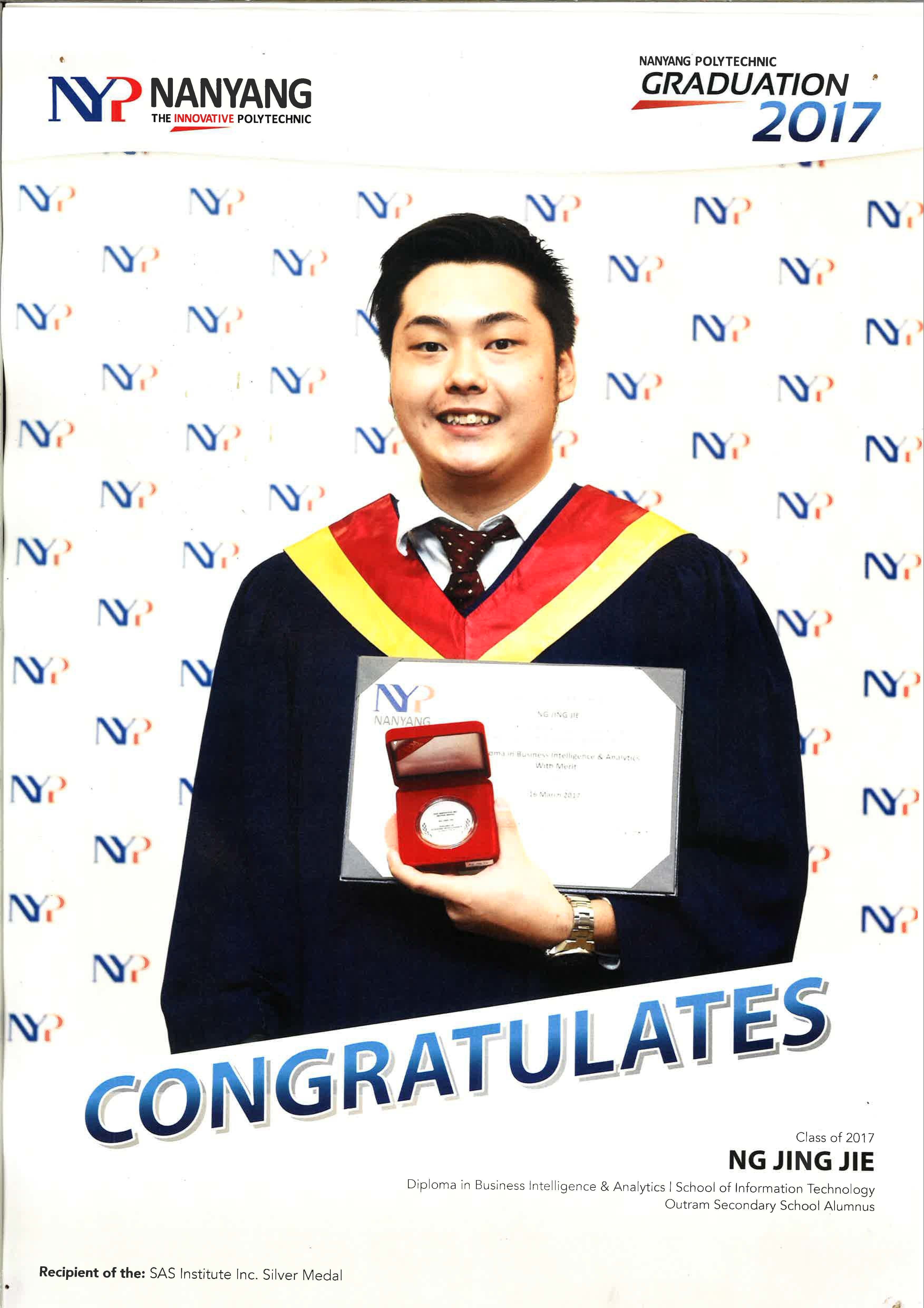 Young man in graduation gown holding a diploma and silver medal at Nanyang Polytechnic Graduation 2017.