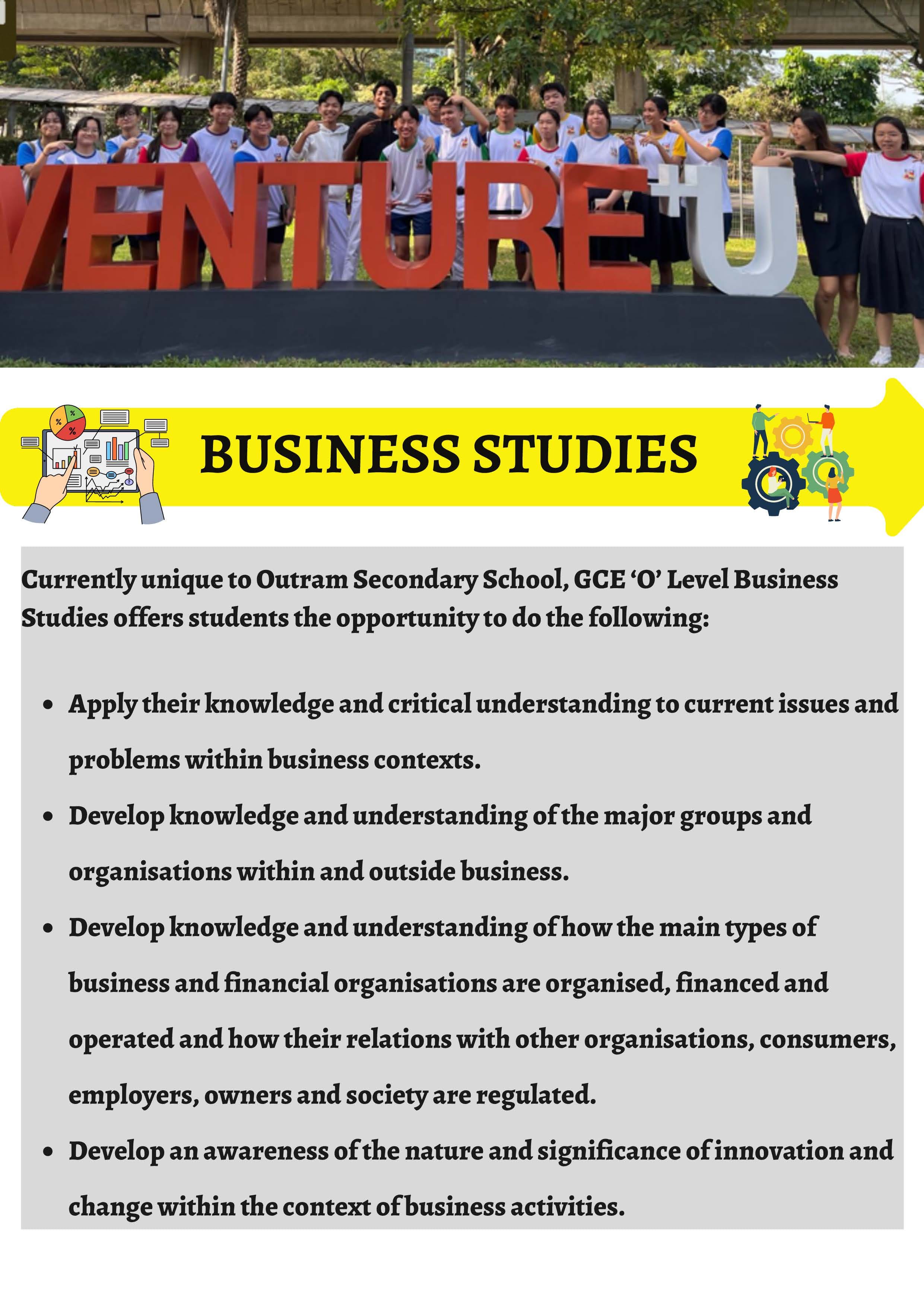 Flyer for Outram Secondary School Business Studies with students posing outdoors and a bullet-point list of learning goals.
