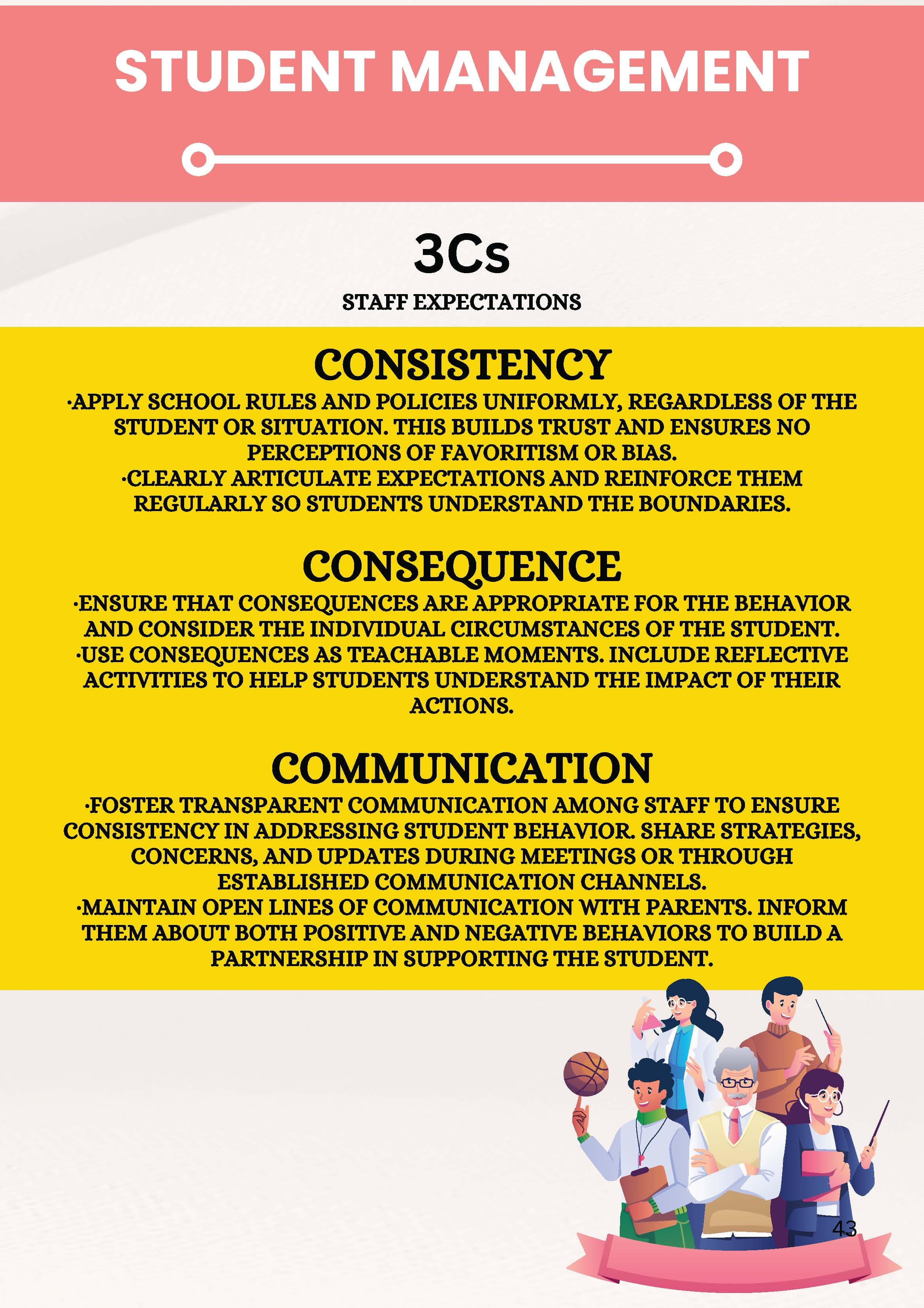 Poster titled Student Management listing 3Cs staff expectations: Consistency, Consequence, and Communication on yellow background.