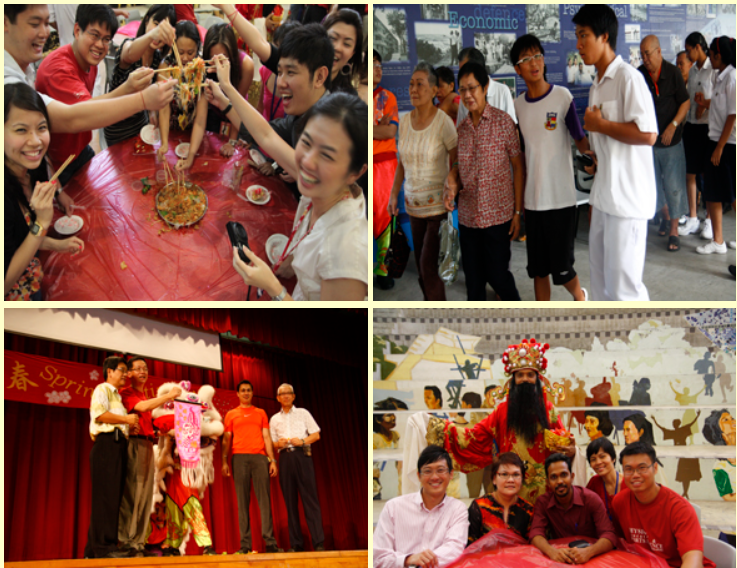Four scenes of a Chinese cultural event: people tossing food with chopsticks, posing outdoors, on stage, and with a costumed figure.