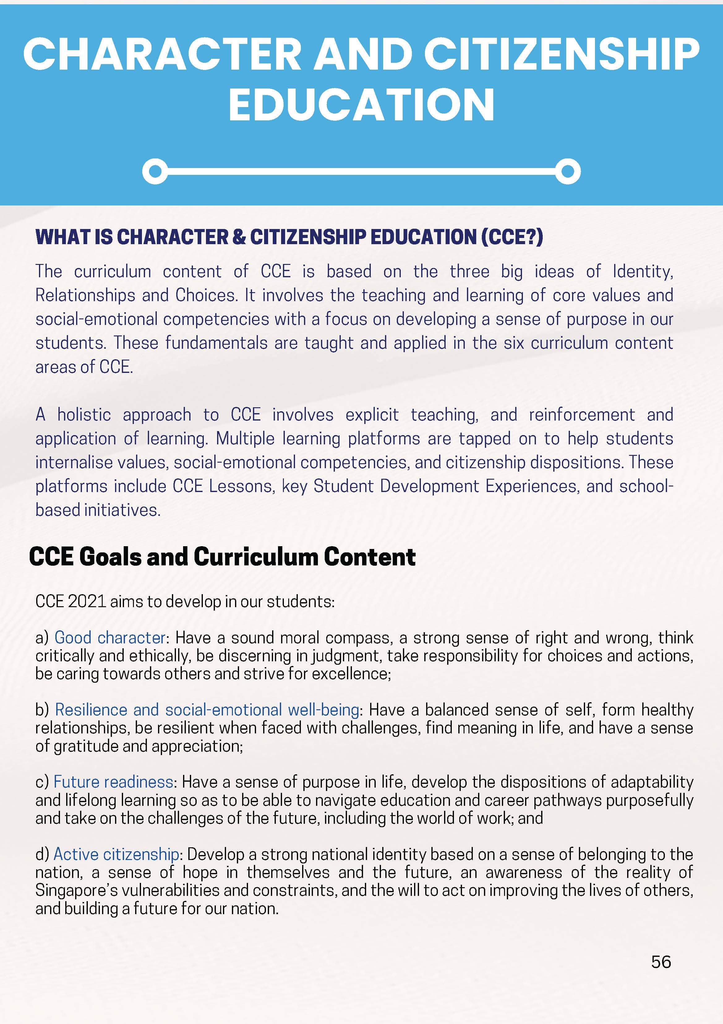 Page 56 explaining Character and Citizenship Education goals including good character, resilience, future readiness, and active citizenship.
