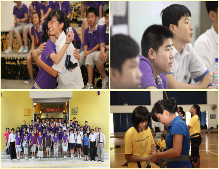 Four-panel collage of Asian students in purple uniforms hugging, listening, posing as a group, and doing an activity indoors.
