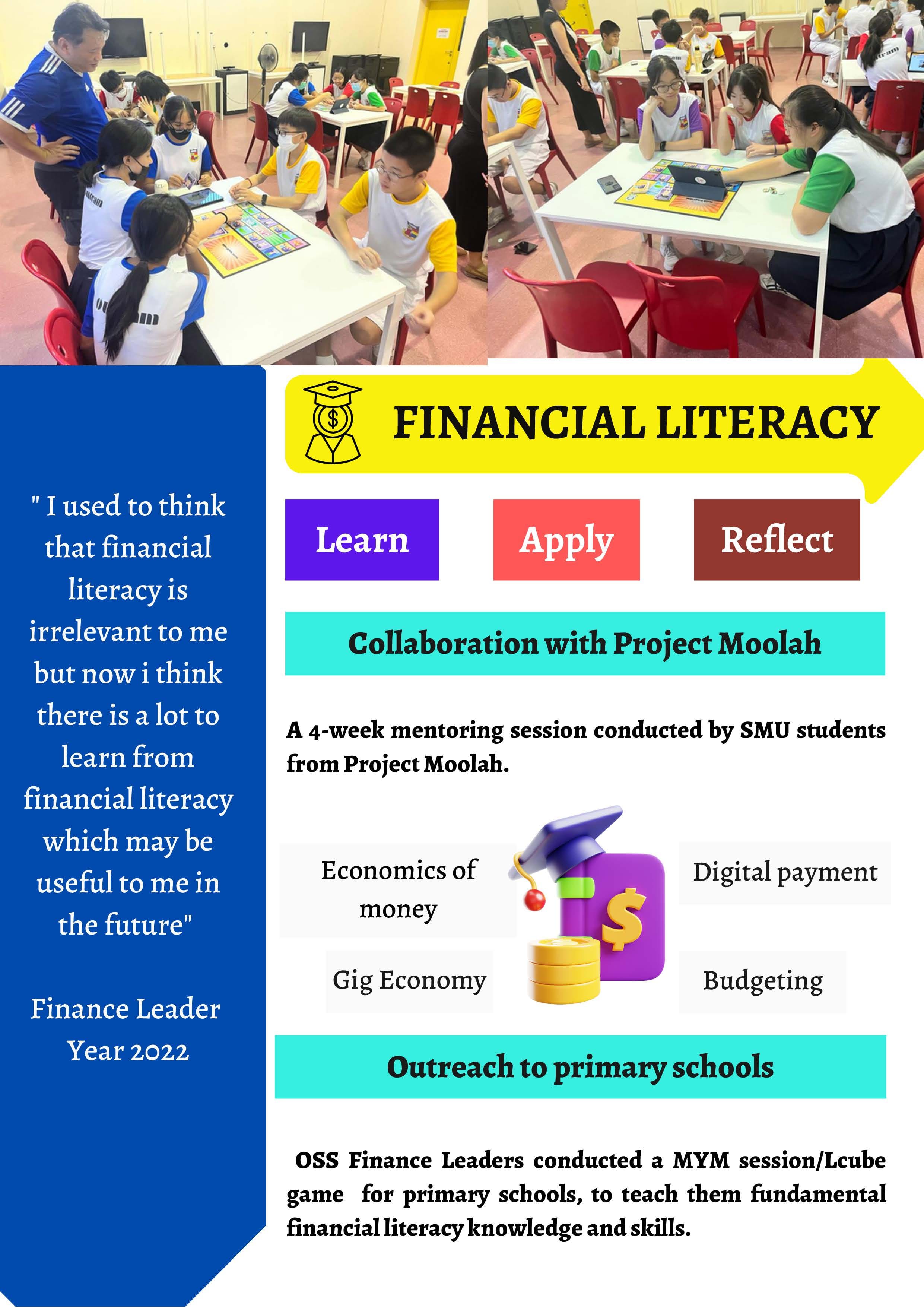 Financial literacy poster showing students playing board games at tables, with text about Project Moolah and money skills.