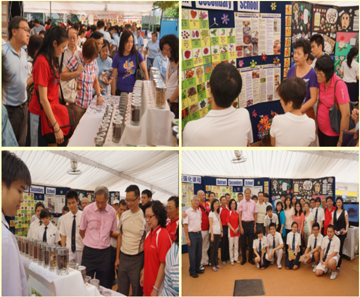 Four scenes of a school exhibition with visitors browsing displays, colorful posters, and a group photo of students and adults.