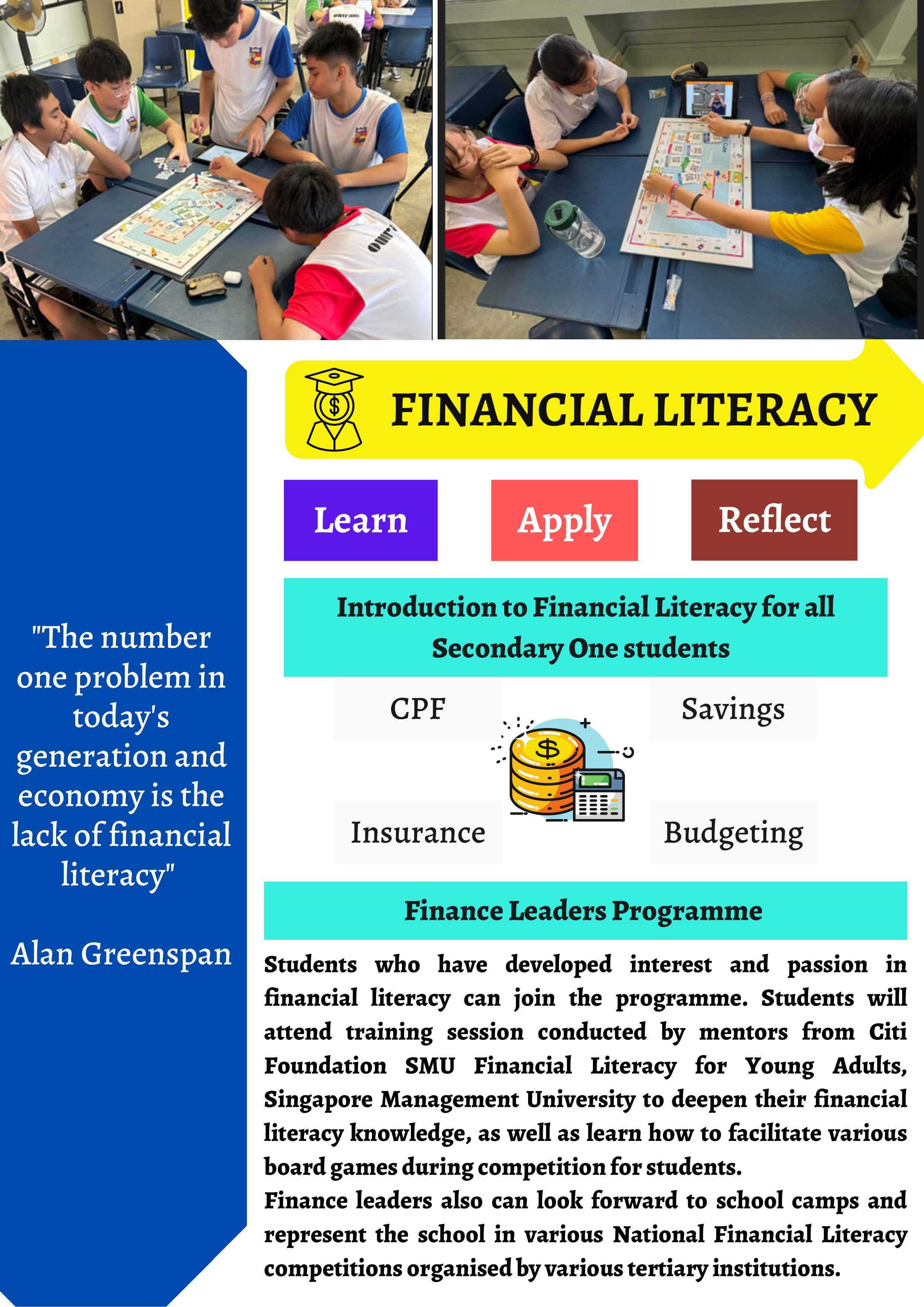 Flyer about a school Financial Literacy programme with photos of students playing board games at tables.