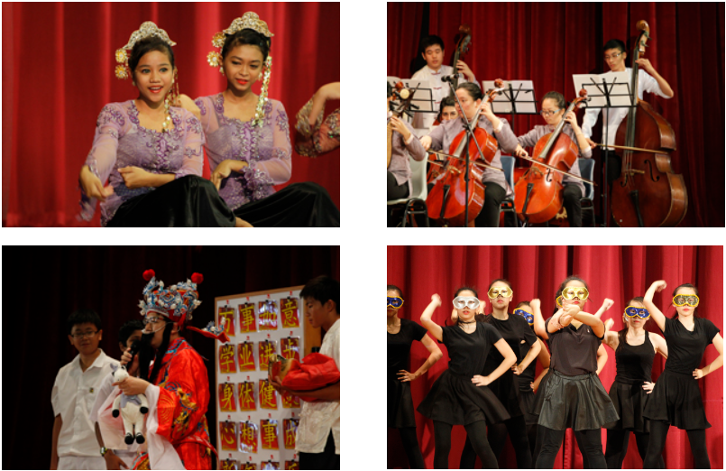 Four performance scenes: two dancers in purple, a string orchestra, a Chinese opera performer, and masked dancers in black.