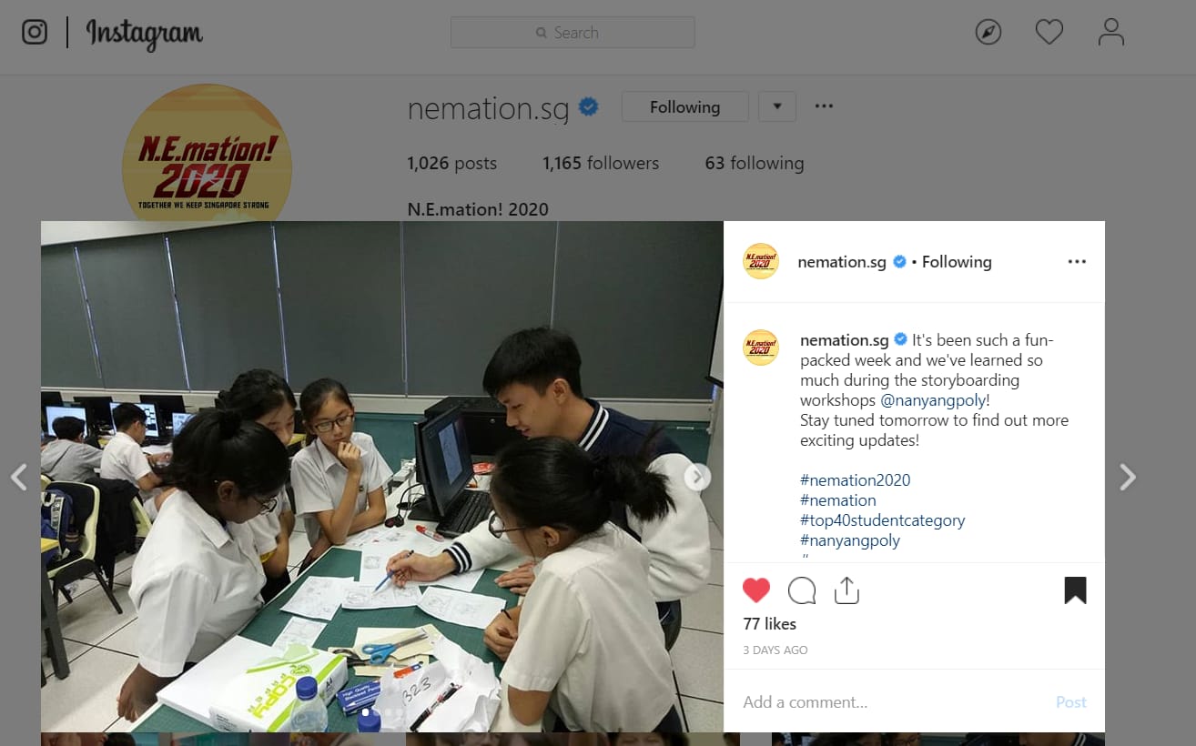 Instagram post from nemation.sg showing students in school uniforms collaborating around a table with papers and a laptop.