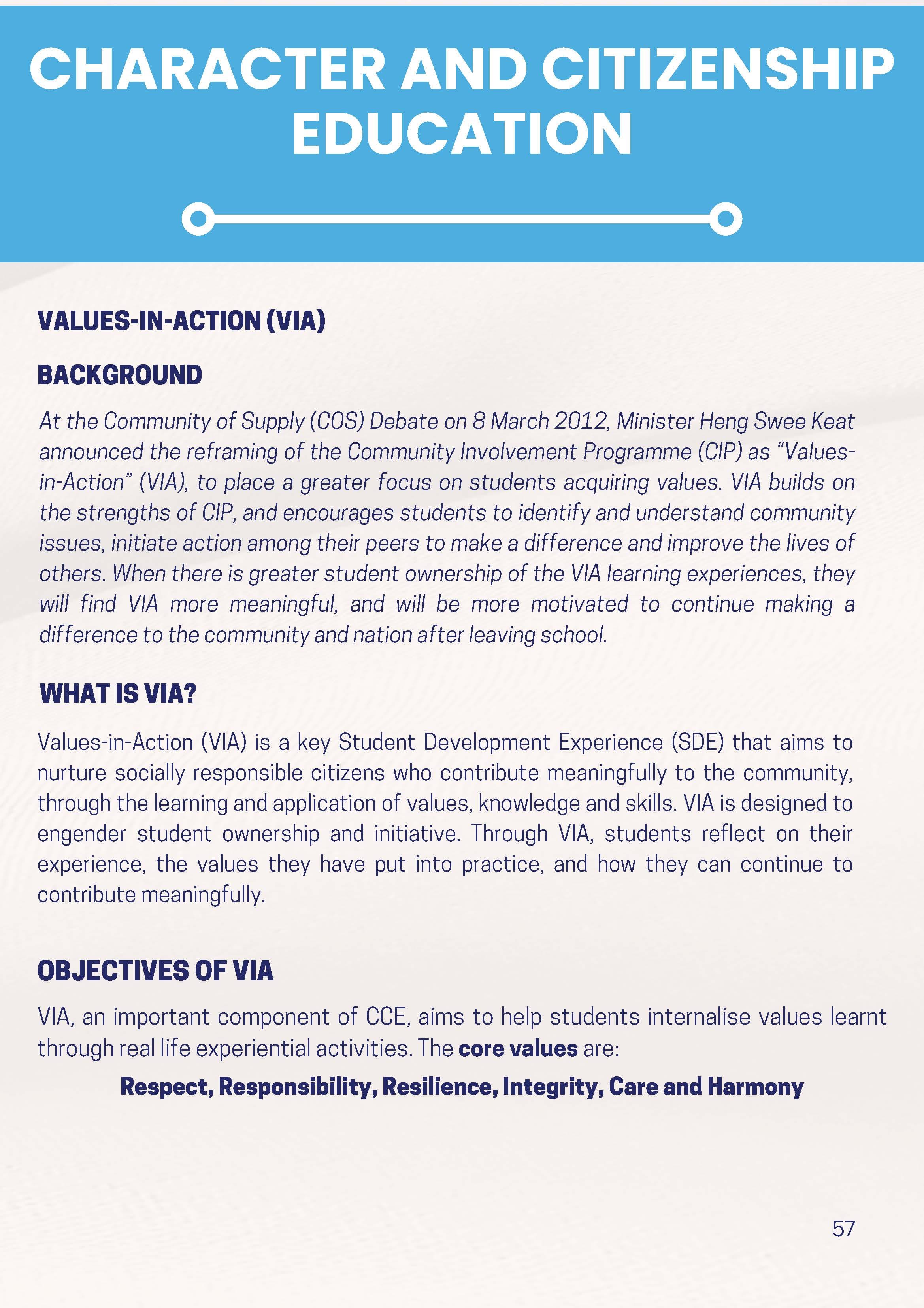 Page 57 titled Character and Citizenship Education with sections on Values-in-Action background, definition, and objectives.