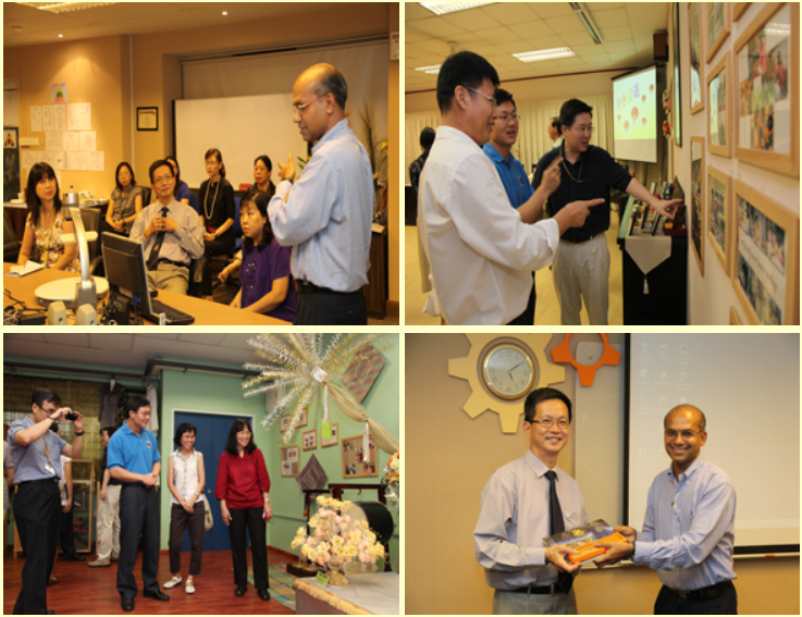 Four-panel collage showing people in office and indoor settings, presenting, discussing displays, posing, and exchanging a gift.