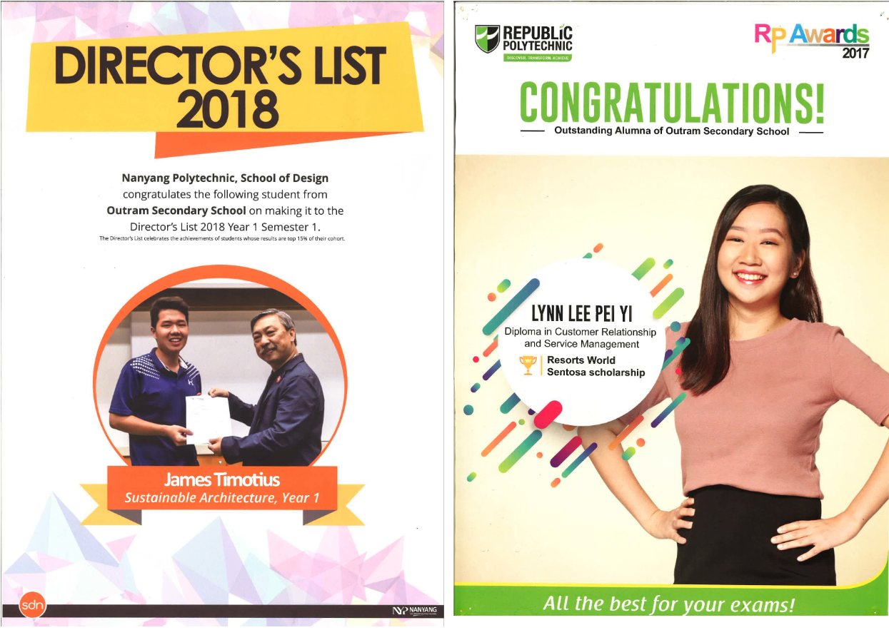 Two academic achievement certificates: Nanyang Polytechnic Director's List 2018 and Republic Polytechnic Rp Awards 2017 congratulations flyer.