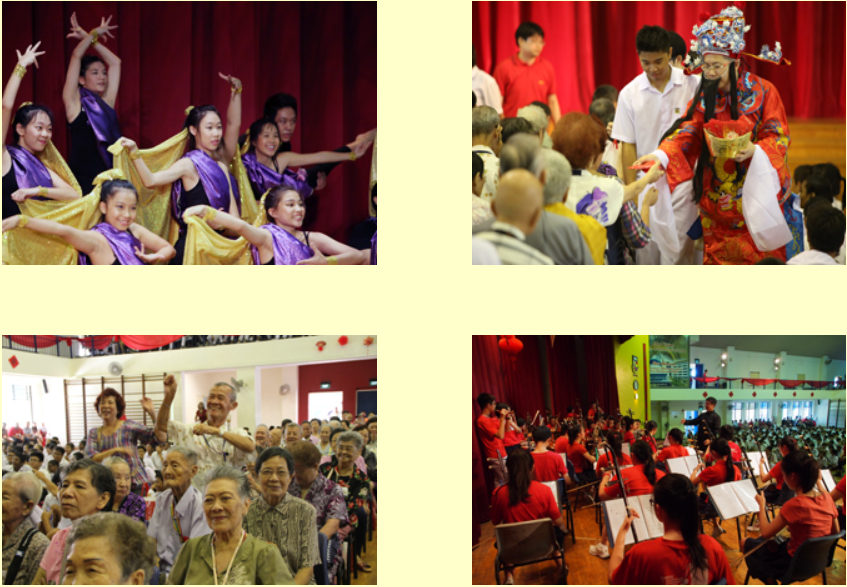 Four photos showing girls in purple dancing, a costumed performer with elderly guests, a crowd of seniors, and a red-dressed orchestra.