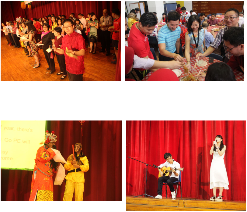 Four photos show a festive Asian celebration with people in red, a group meal, costumed performers, and a guitar and vocal duo on stage.