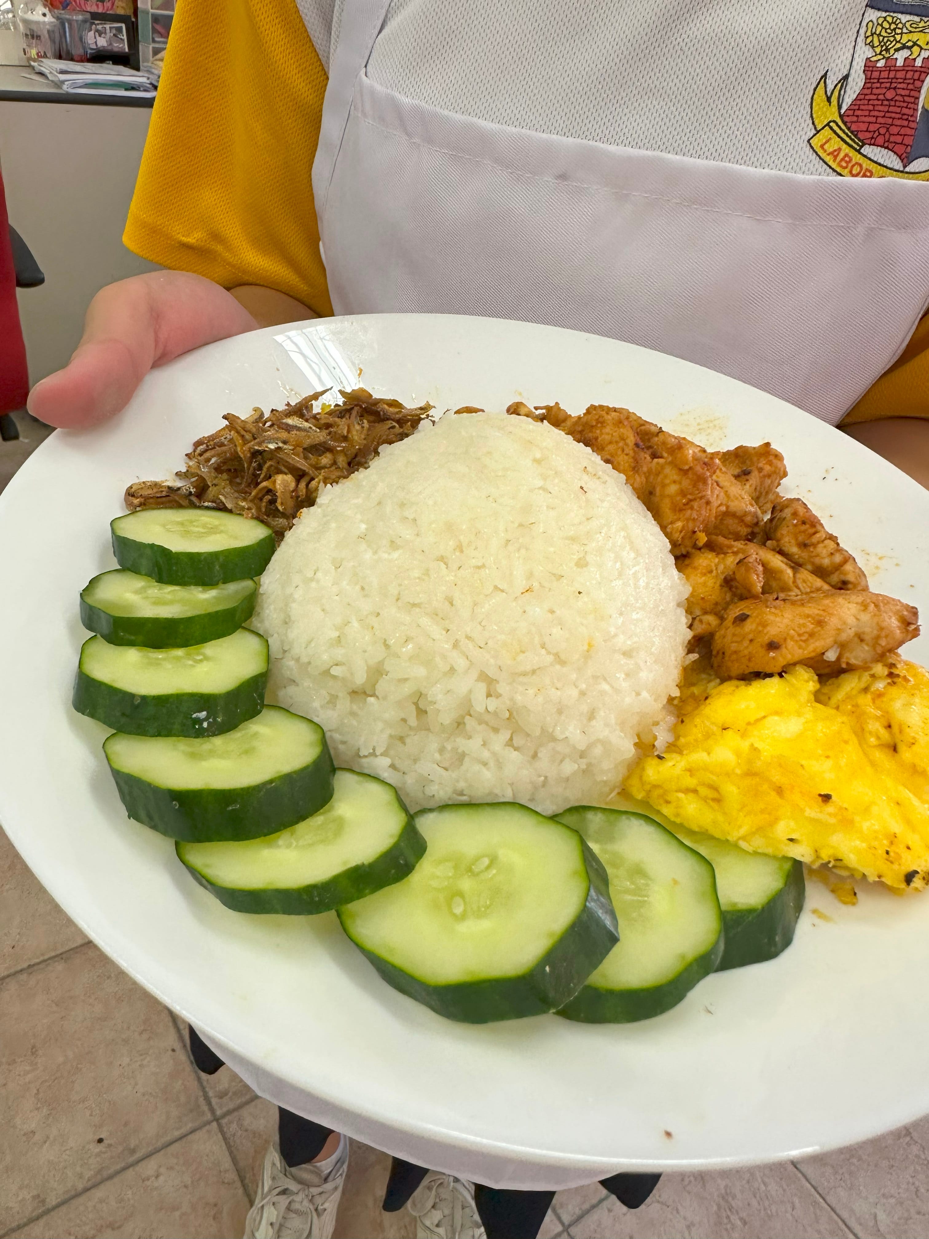 A plate of nasi lemak with mounded white rice, cucumber slices, fried chicken, egg, and anchovies, held by a person in an apron.