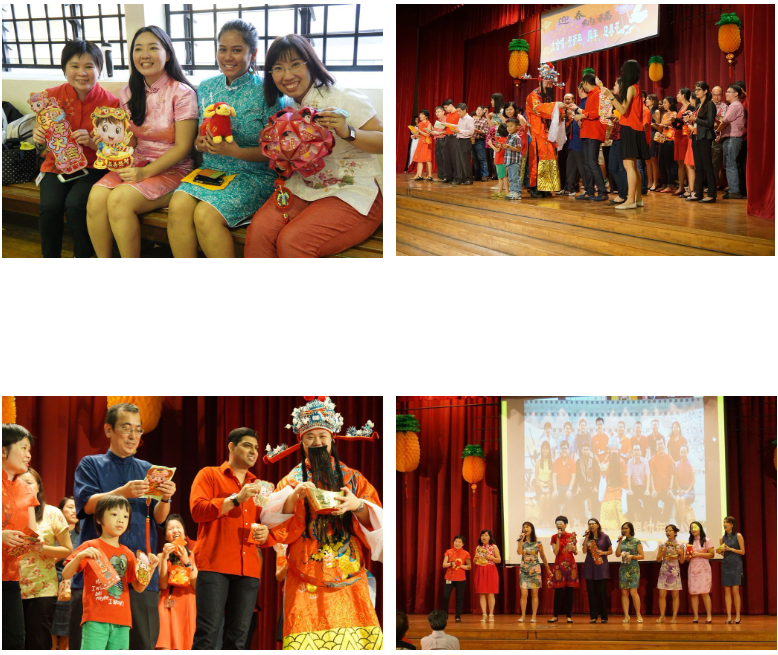 Four photos from a Chinese New Year celebration showing people in festive red attire, decorations, and a costumed performer on stage.