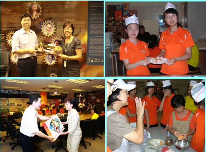 Four photos showing people in orange uniforms baking, receiving awards, and exchanging gifts indoors.