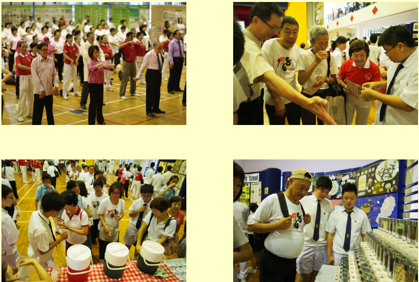 Four photos of a community event in a gymnasium showing people exercising, viewing displays, and gathering around tables.