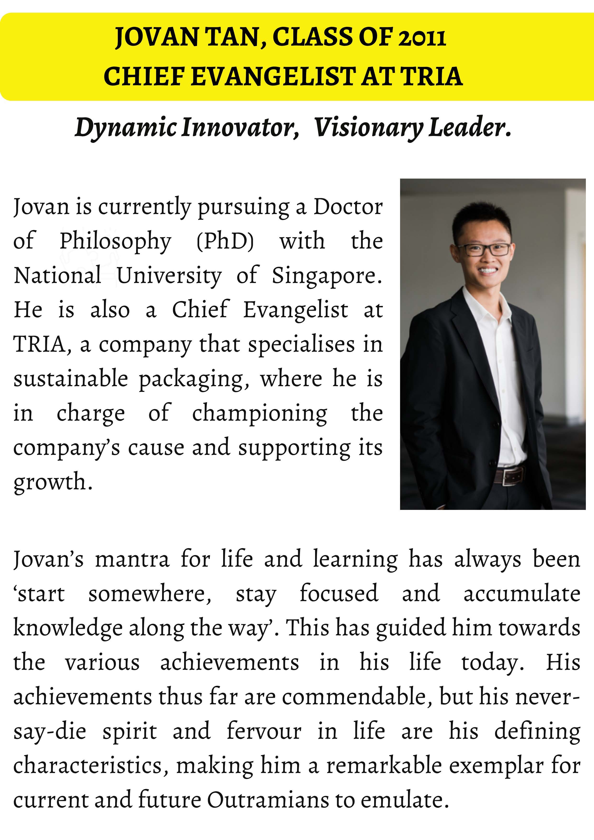 A profile card for Jovan Tan, Class of 2011, showing a smiling young Asian man in a black blazer and glasses.