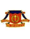 Military crest badge with a shield, crossed weapons, and a banner with text below.