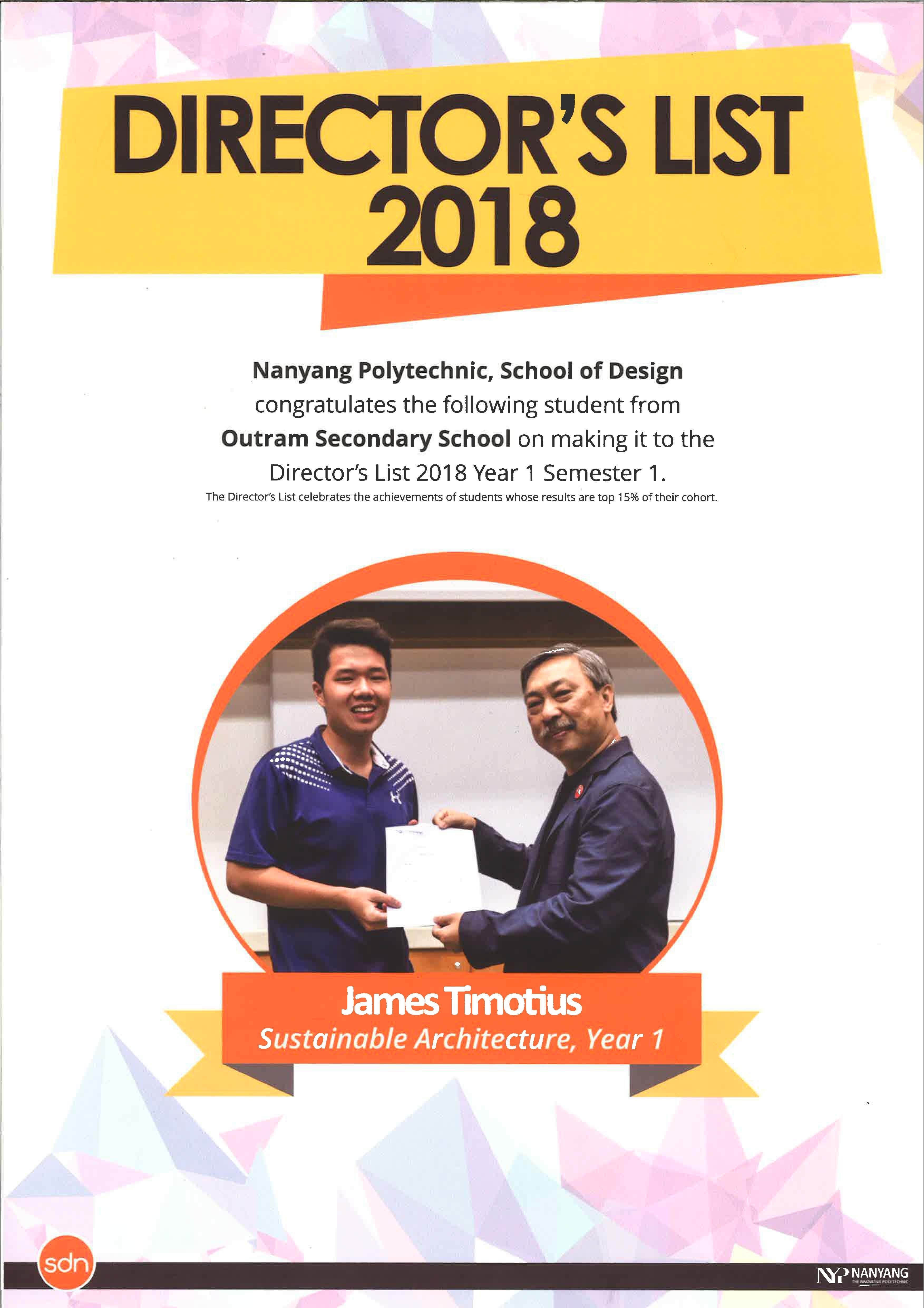 Nanyang Polytechnic Director's List 2018 certificate with two men shaking hands, honoring James Timotius.